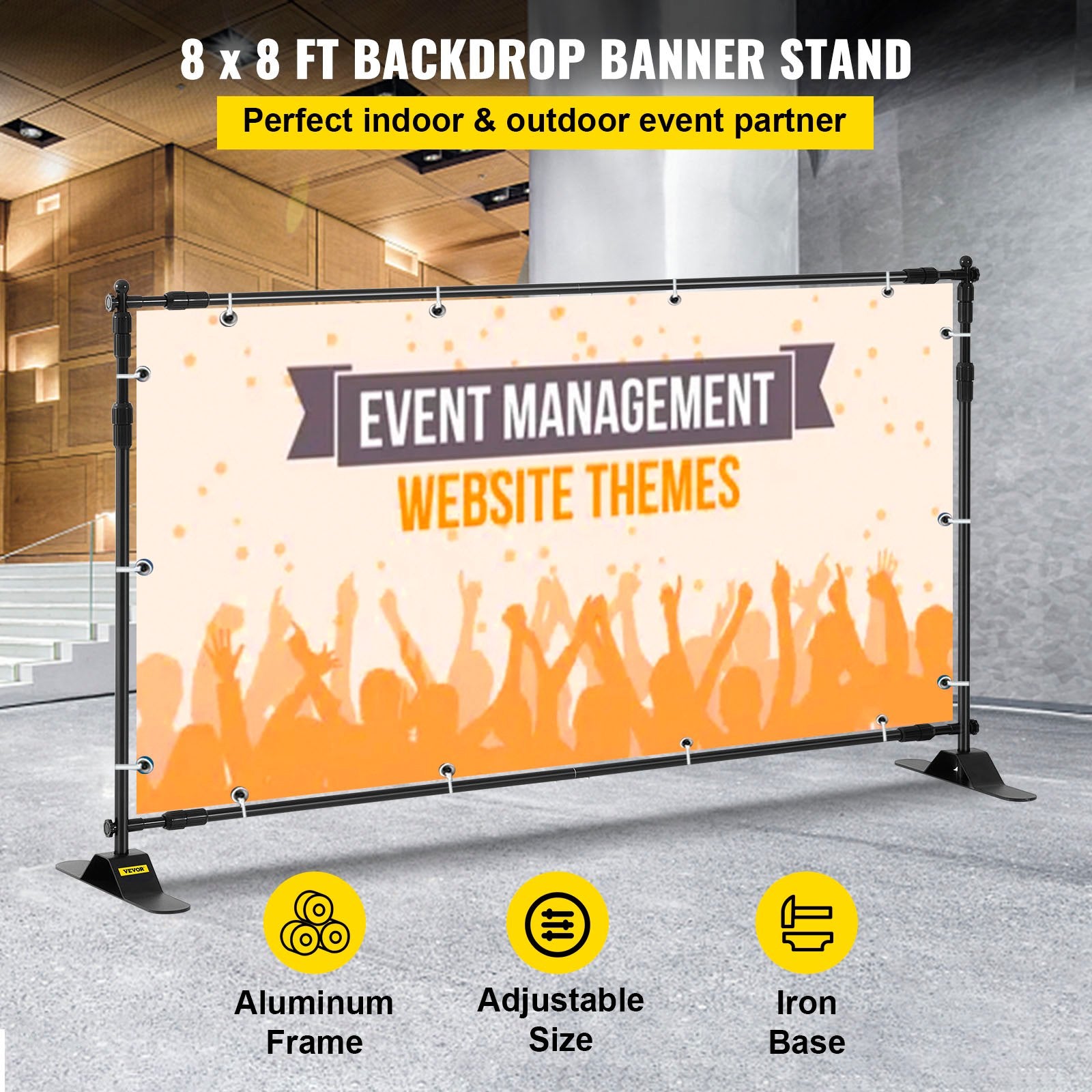Camera Accessories: VEVOR Telescopic Backdrop Banner Stand 8' x 8' Banner Stand Adjustable Step and Repeat Backdrop Banner Stand Retractable Banner Stand with Carrying Bag (8 ft)
