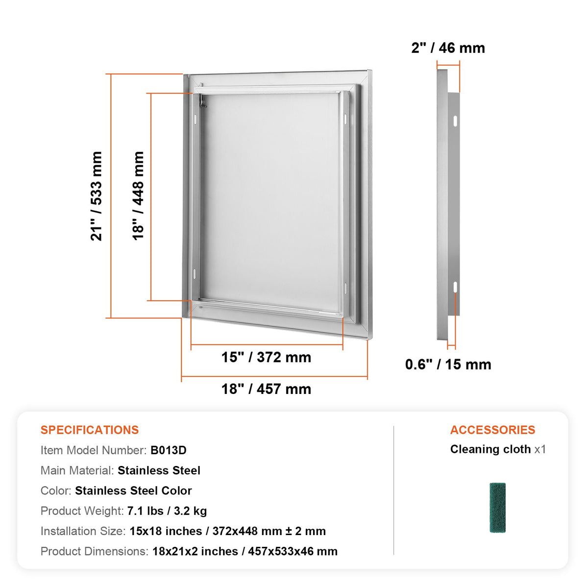 BBQ Access Door, 457x533 mm Single Outdoor Kitchen Door, Stainless Steel Flush Mount Door, Wall Vertical Door with Recessed Handle, for BBQ Island, Grilling Station, Outside Cabinet