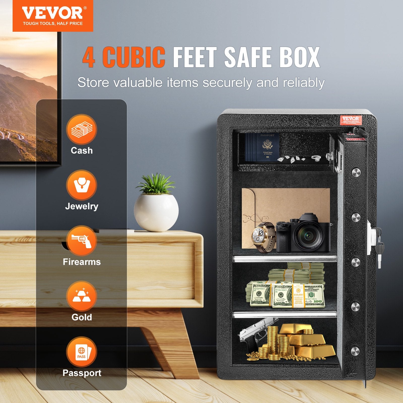 Sci-Fi DVDs & Blu-rays: VEVOR Single Door 4.0 cu.ft Safe Box with Key Lock & Password, Safe Lock Box with Fireproof Bag, Key Rack, LED Light, 2 Shelves, and 1 Cabinet for Money, Documents, Jewelry, and Valuables, Black