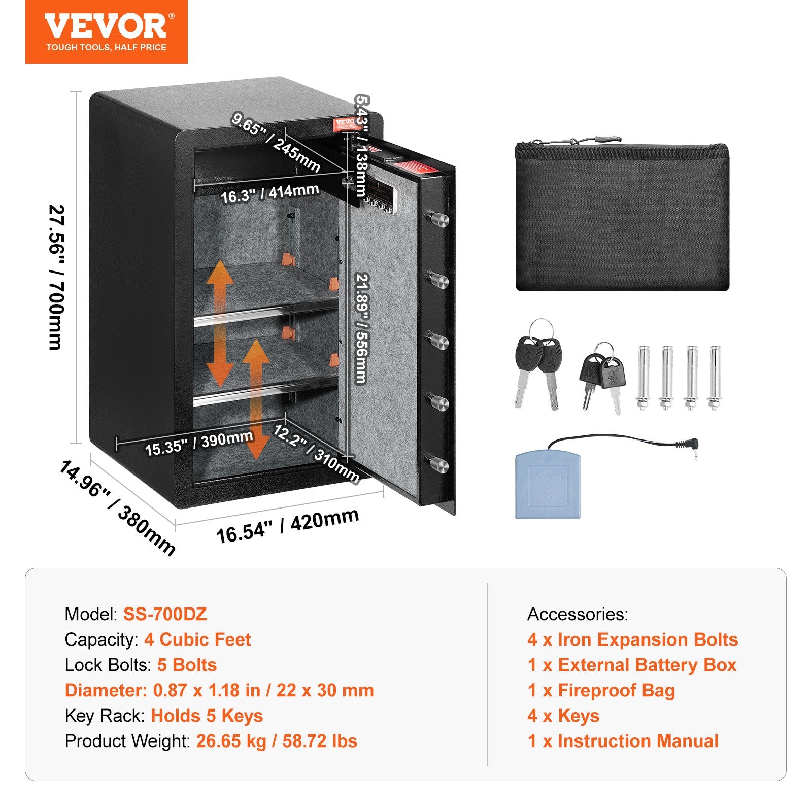 Sci-Fi DVDs & Blu-rays: VEVOR Single Door 4.0 cu.ft Safe Box with Key Lock & Password, Safe Lock Box with Fireproof Bag, Key Rack, LED Light, 2 Shelves, and 1 Cabinet for Money, Documents, Jewelry, and Valuables, Black