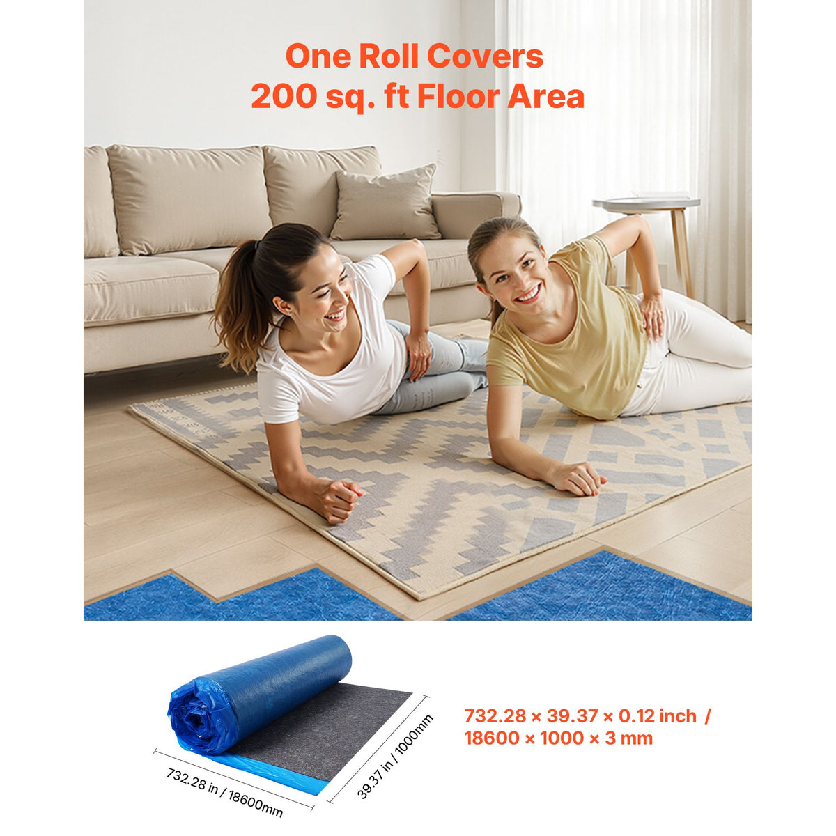 Floor Underlayment 37.2 m², 3mm Laminate Flooring Padding with Attached Vapor Barrier, Heavy Duty Fiber+PE Film, Soundproofing & Noise Reduction for Vinyl & Wood Floors(2 Rolls x 18.6 m²)