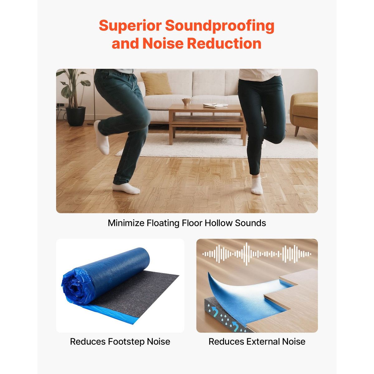 Floor Underlayment 37.2 m², 3mm Laminate Flooring Padding with Attached Vapor Barrier, Heavy Duty Fiber+PE Film, Soundproofing & Noise Reduction for Vinyl & Wood Floors(2 Rolls x 18.6 m²)