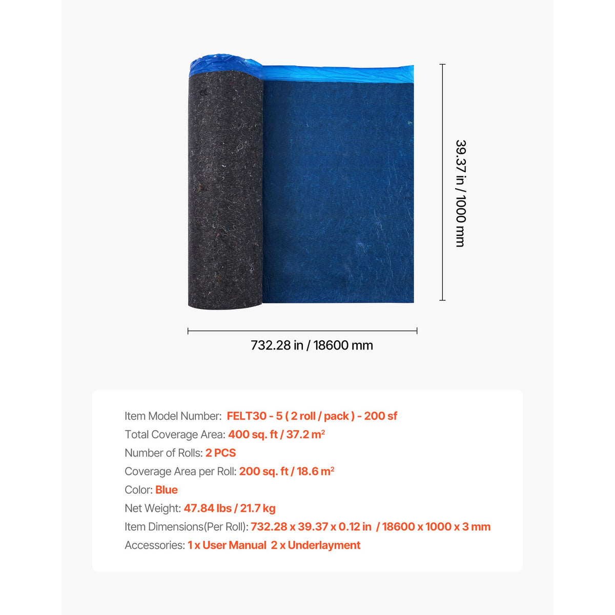 Floor Underlayment 37.2 m², 3mm Laminate Flooring Padding with Attached Vapor Barrier, Heavy Duty Fiber+PE Film, Soundproofing & Noise Reduction for Vinyl & Wood Floors(2 Rolls x 18.6 m²)