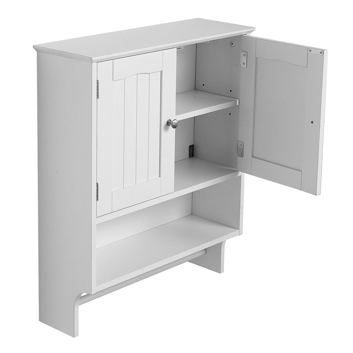 Bathroom Wall Cabinet, 2 Doors and Adjustable Shelf, Over the Toilet Storage Medicine Cabinet Wall Mounted, Hanging Organizer with Open Partition and Towel Bar for Laundry Room Kitchen, White