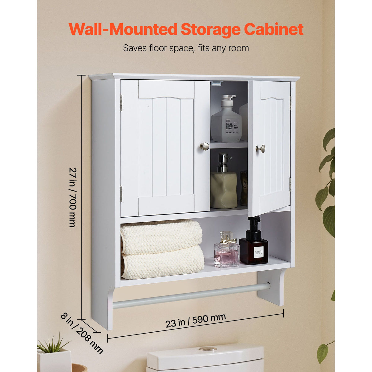 Bathroom Wall Cabinet, 2 Doors and Adjustable Shelf, Over the Toilet Storage Medicine Cabinet Wall Mounted, Hanging Organizer with Open Partition and Towel Bar for Laundry Room Kitchen, White