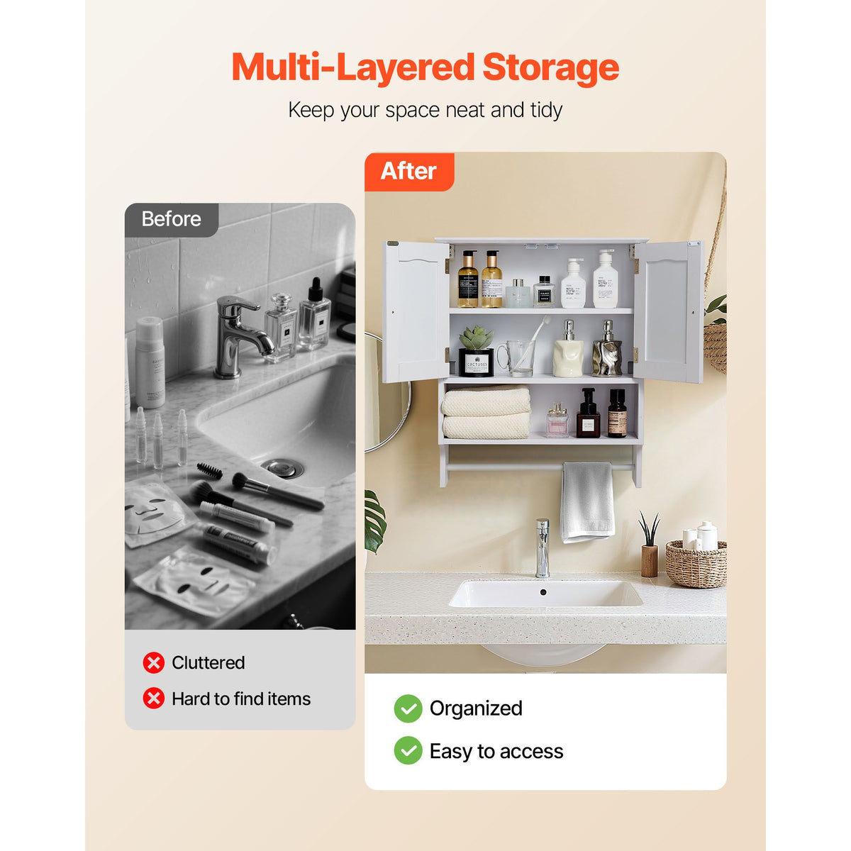Bathroom Wall Cabinet, 2 Doors and Adjustable Shelf, Over the Toilet Storage Medicine Cabinet Wall Mounted, Hanging Organizer with Open Partition and Towel Bar for Laundry Room Kitchen, White