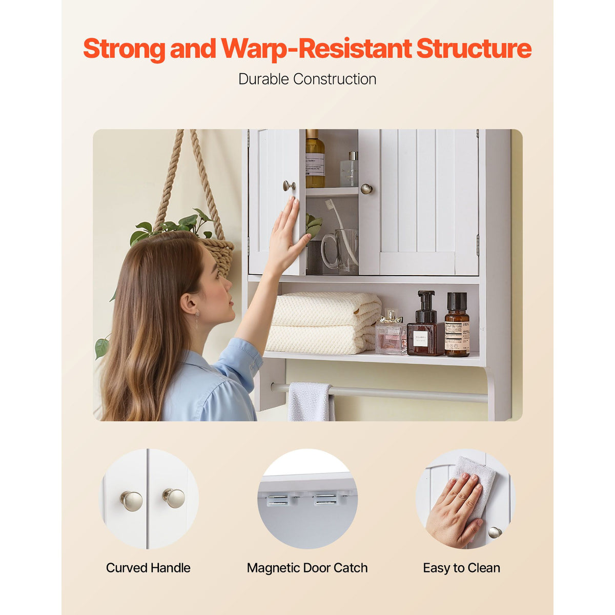 Bathroom Wall Cabinet, 2 Doors and Adjustable Shelf, Over the Toilet Storage Medicine Cabinet Wall Mounted, Hanging Organizer with Open Partition and Towel Bar for Laundry Room Kitchen, White