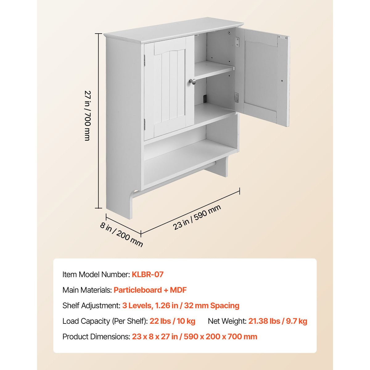 Bathroom Wall Cabinet, 2 Doors and Adjustable Shelf, Over the Toilet Storage Medicine Cabinet Wall Mounted, Hanging Organizer with Open Partition and Towel Bar for Laundry Room Kitchen, White