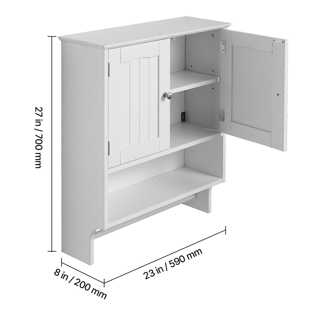 Bathroom Wall Cabinet, 2 Doors and Adjustable Shelf, Over the Toilet Storage Medicine Cabinet Wall Mounted, Hanging Organizer with Open Partition and Towel Bar for Laundry Room Kitchen, White