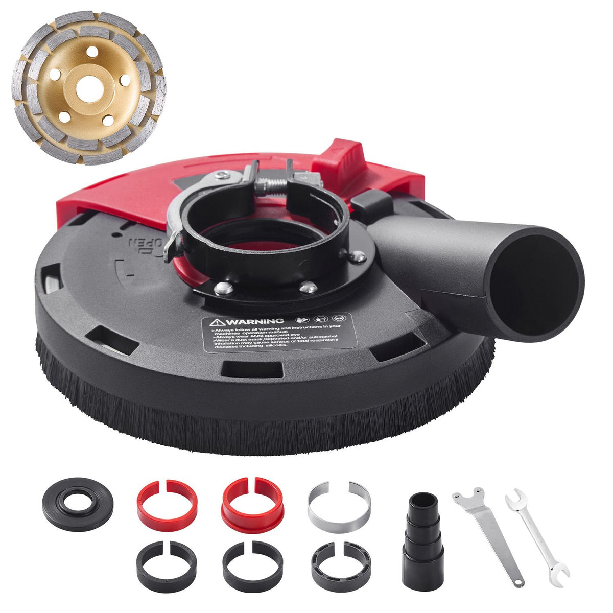 Grinding Dust Shroud for Angle Grinder, Universal 100-125mm, Surface Grinder Dust Shroud with 6 Clamping Washers & 125 mm Diamond Grinding Cup Wheel, Connect to Vacuum Cleaner, for Wood Concrete