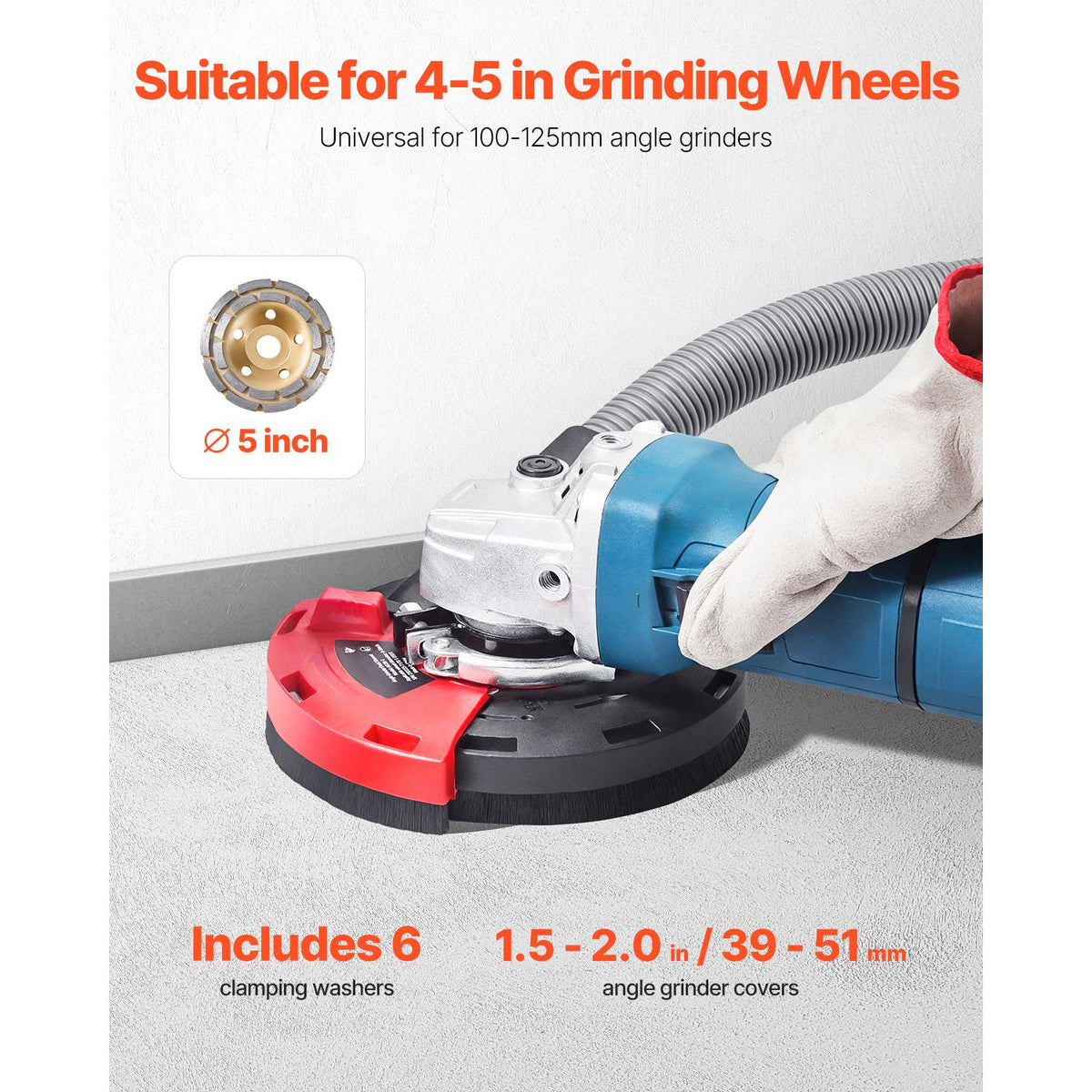 Grinding Dust Shroud for Angle Grinder, Universal 100-125mm, Surface Grinder Dust Shroud with 6 Clamping Washers & 125 mm Diamond Grinding Cup Wheel, Connect to Vacuum Cleaner, for Wood Concrete
