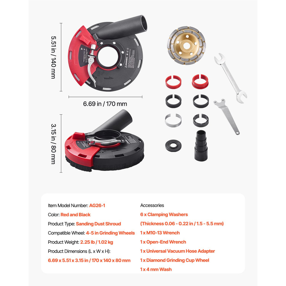 Grinding Dust Shroud for Angle Grinder, Universal 100-125mm, Surface Grinder Dust Shroud with 6 Clamping Washers & 125 mm Diamond Grinding Cup Wheel, Connect to Vacuum Cleaner, for Wood Concrete