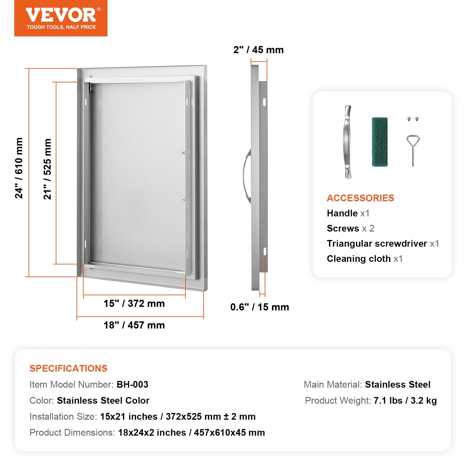 BBQ Access Door, 457x610 mm Single Outdoor Kitchen Door, Stainless Steel Flush Mount Door, Wall Vertical Door with Handle, for BBQ Island, Grilling Station, Outside Cabinet