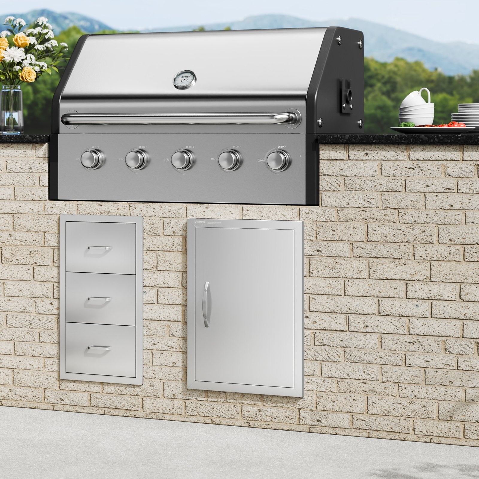 BBQ Access Door, 457x610 mm Single Outdoor Kitchen Door, Stainless Steel Flush Mount Door, Wall Vertical Door with Handle, for BBQ Island, Grilling Station, Outside Cabinet