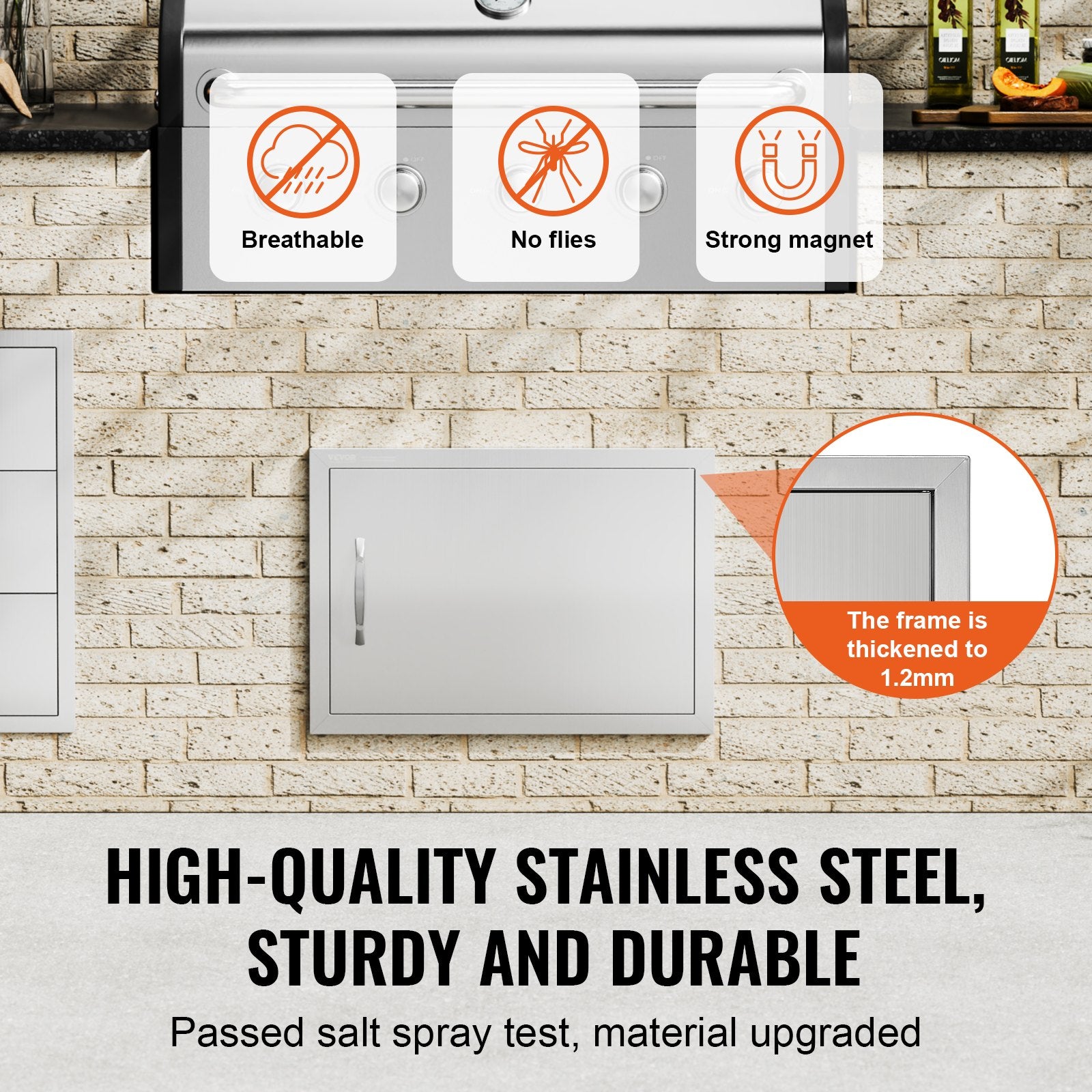 BBQ Access Door, 610x432 mm Single Outdoor Kitchen Door, Stainless Steel Flush Mount Door, Wall Vertical Door with Handle, for BBQ Island, Grilling Station, Outside Cabinet