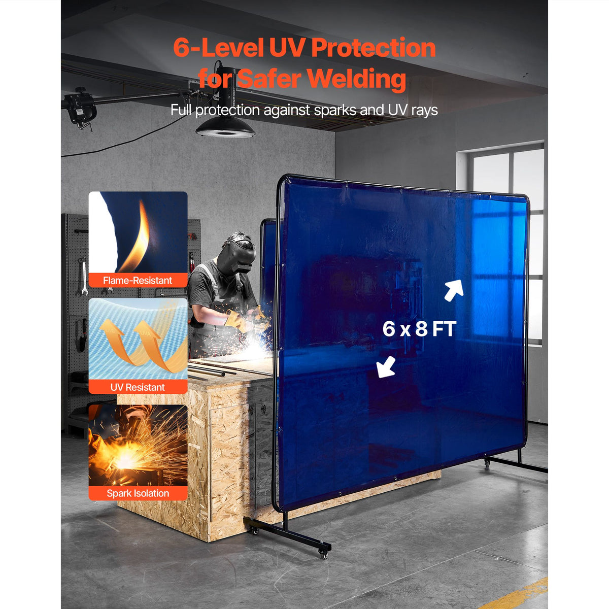 Welding Screen with Frame, 1.74 x 2.34m Welding Curtain Screen, Flame-Resistant Vinyl Protection Screens with Lockable Swivel Wheels & 6-Level UV Protection for Workshop/Industrial Use, Blue