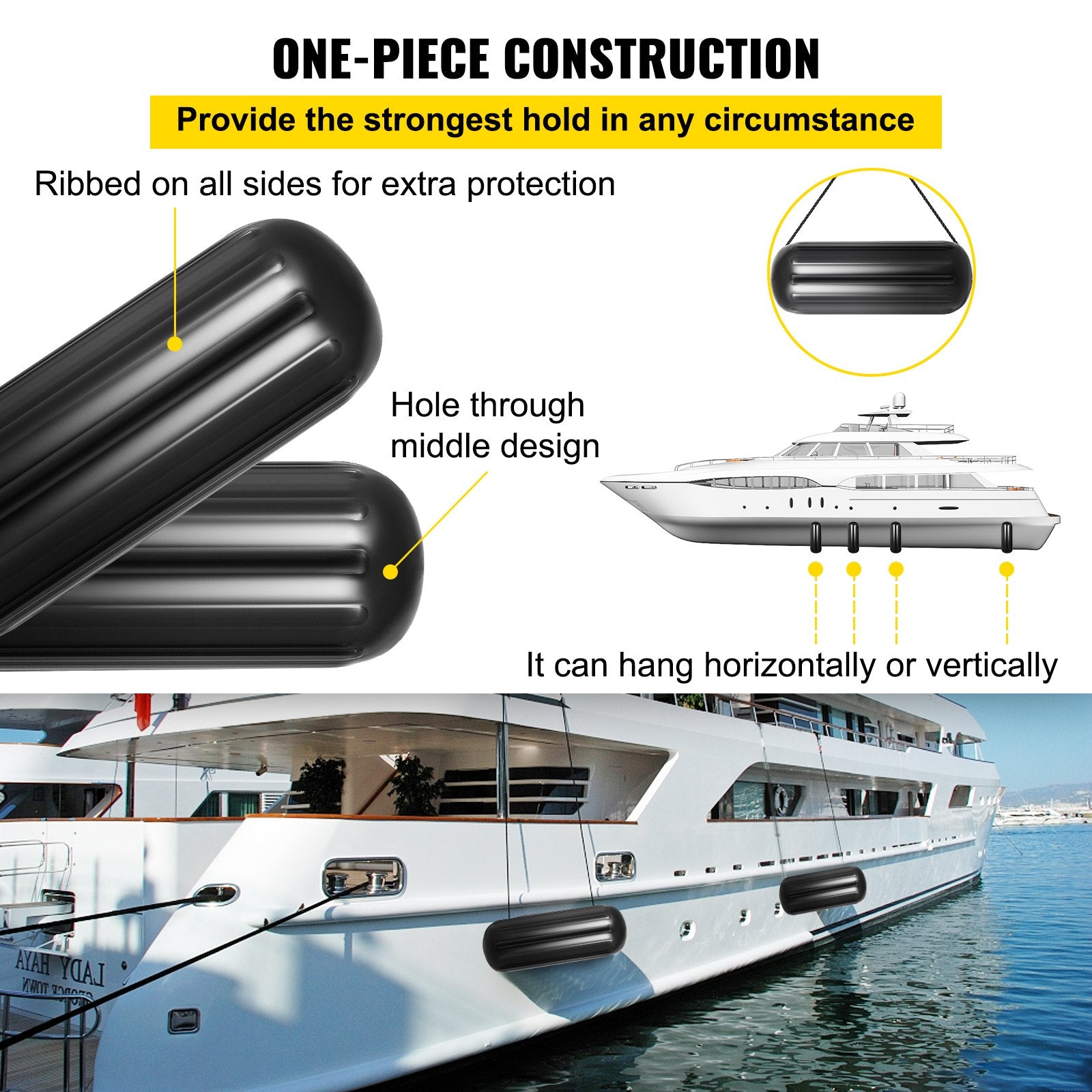Boating Accessories: VEVOR 4 Ribbed Boat Fenders 10X 28" Black Center Hole Bumpers Mooring Protection