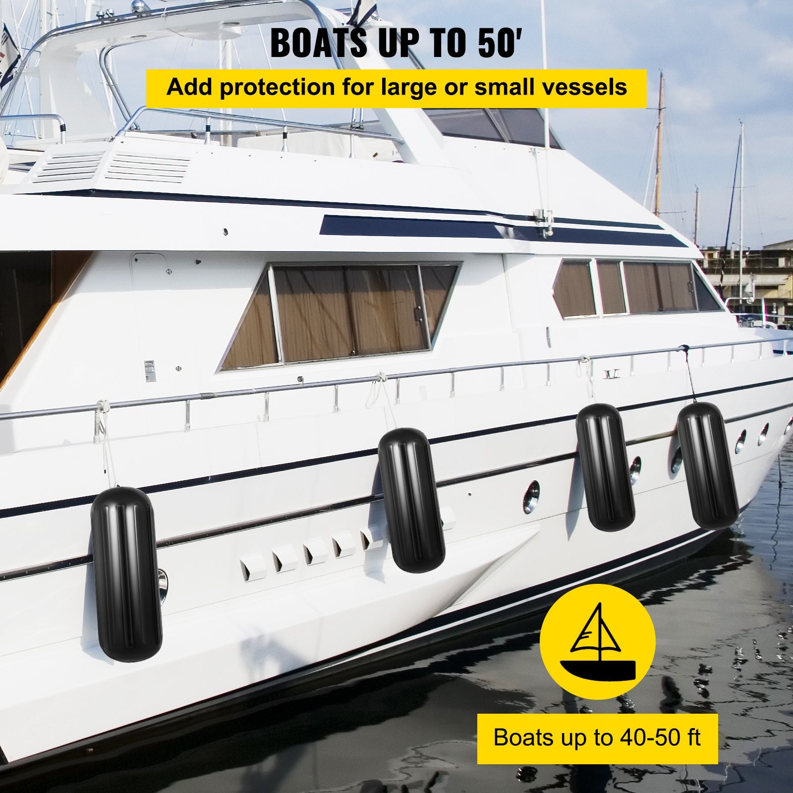Boating Accessories: VEVOR 4 Ribbed Boat Fenders 10X 28" Black Center Hole Bumpers Mooring Protection