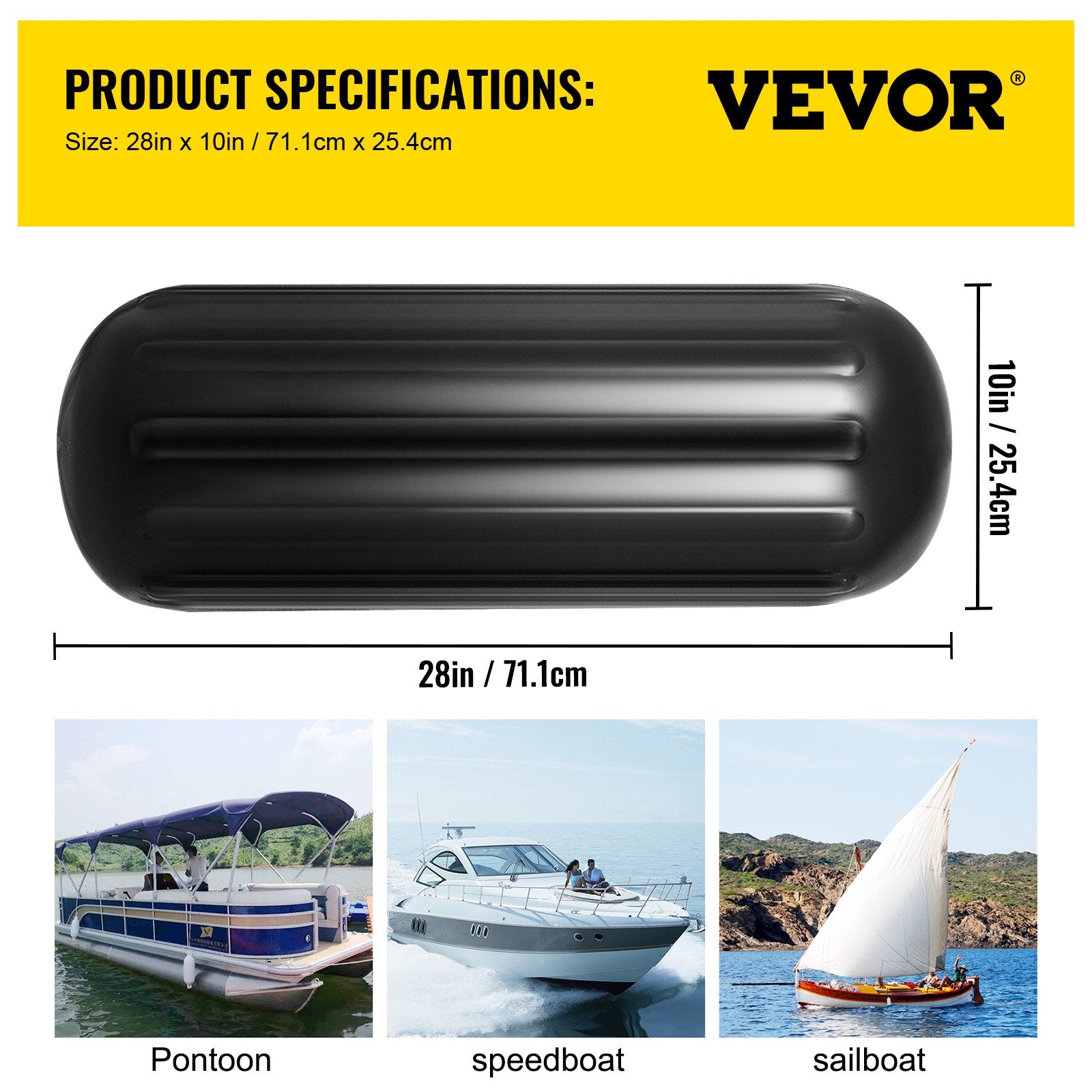 Boating Accessories: VEVOR 4 Ribbed Boat Fenders 10X 28" Black Center Hole Bumpers Mooring Protection