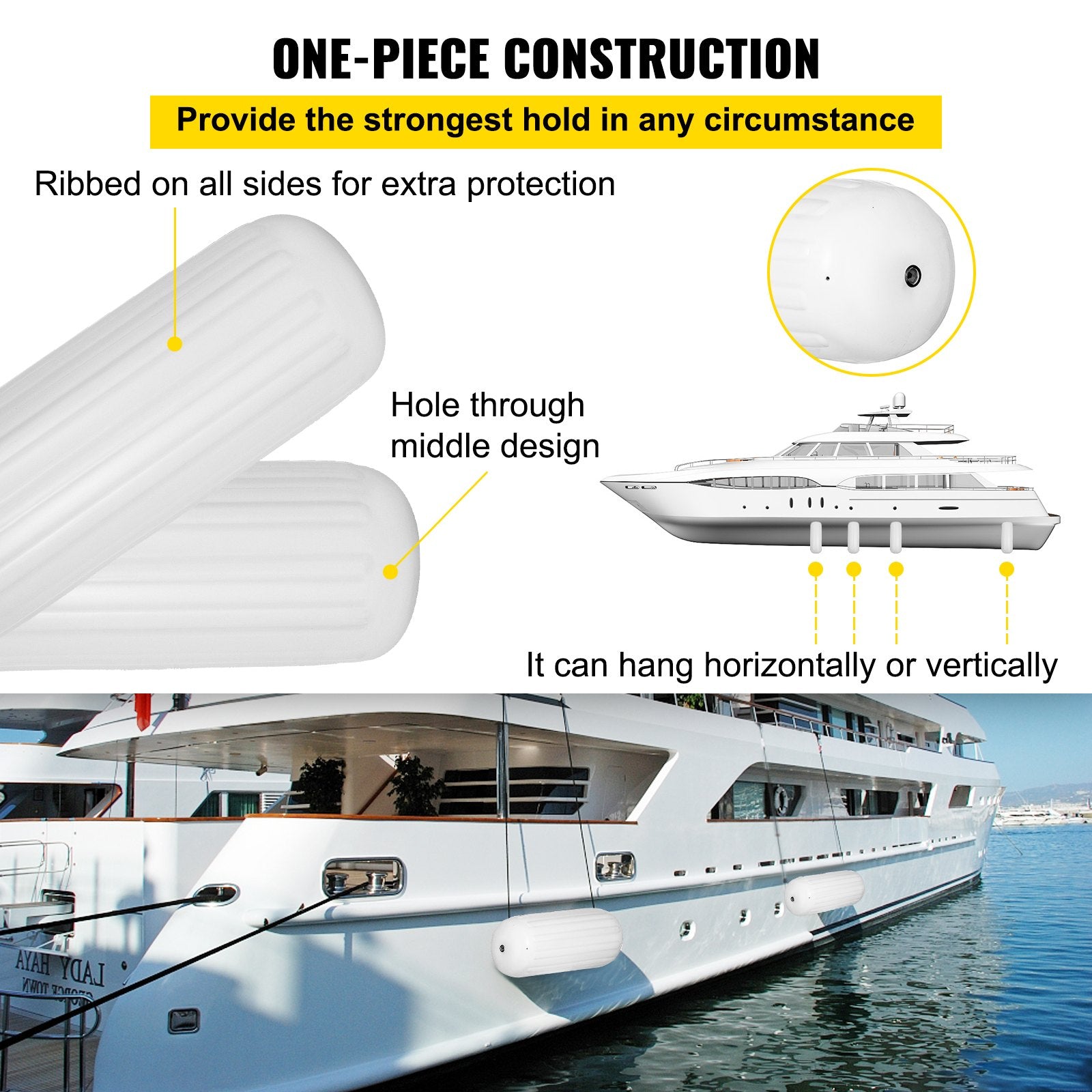 Boating Accessories: VEVOR 4 Ribbed Boat Fender 10" x 28" White Center Hole Bumper Mooring Protection