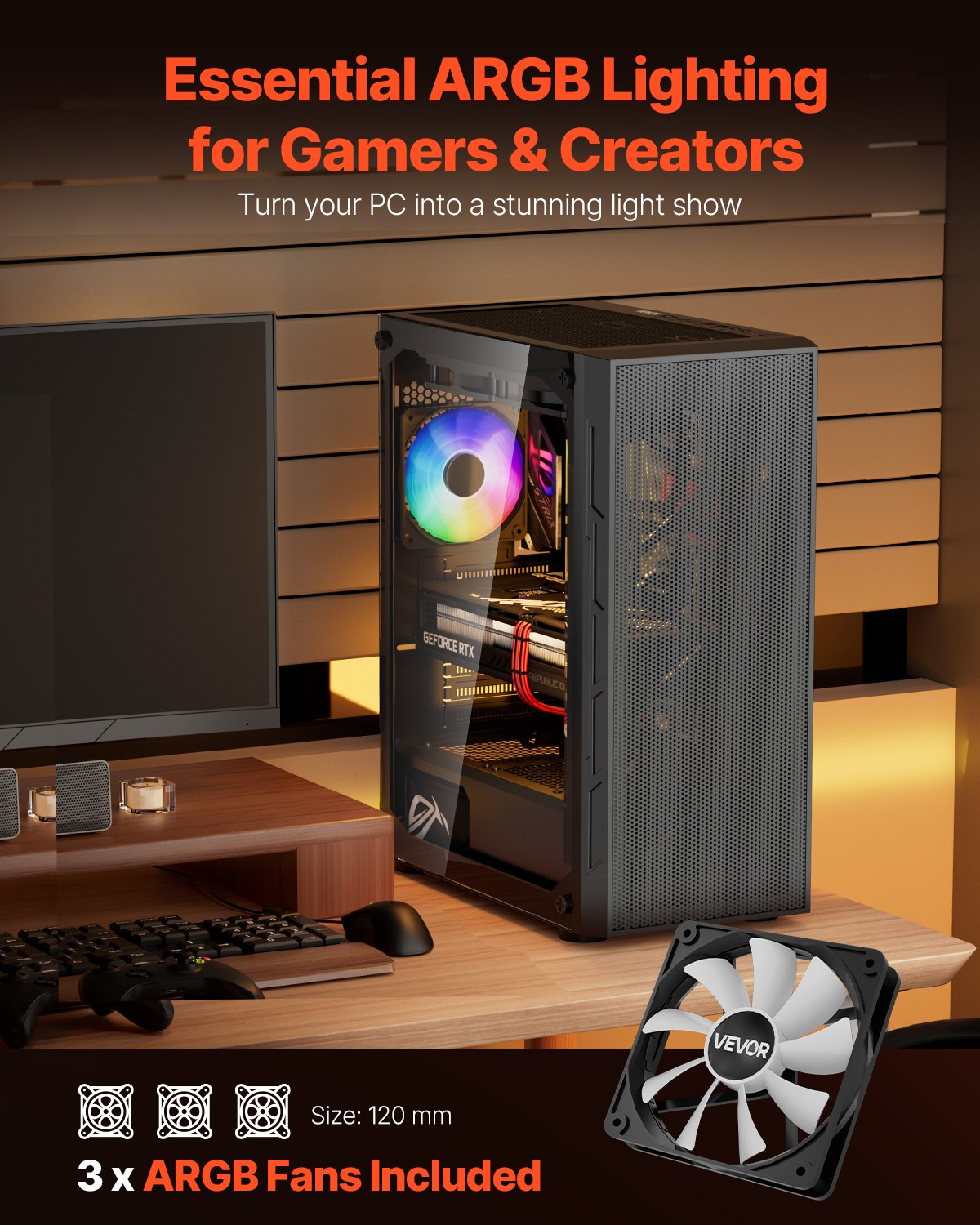 Mid-Tower ATX PC Gaming Case Computer Case Box with 3 x 120 mm ARGB Fans