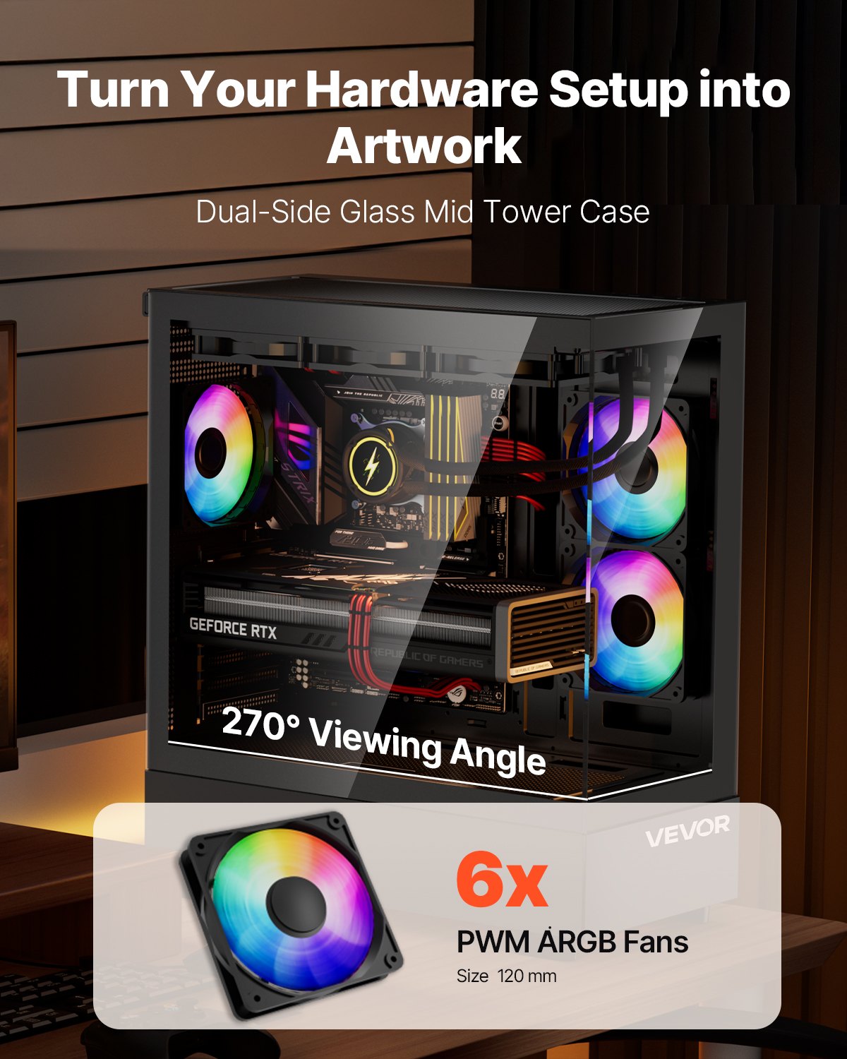 Desktops & Accessories: VEVOR Mid-Tower ATX PC Gaming Case Computer Case with 6 x 120 mm PWM ARGB Fans
