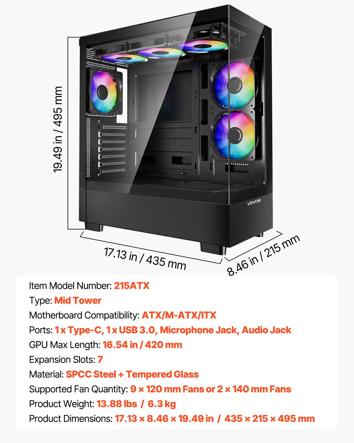 Desktops & Accessories: VEVOR Mid-Tower ATX PC Gaming Case Computer Case with 6 x 120 mm PWM ARGB Fans