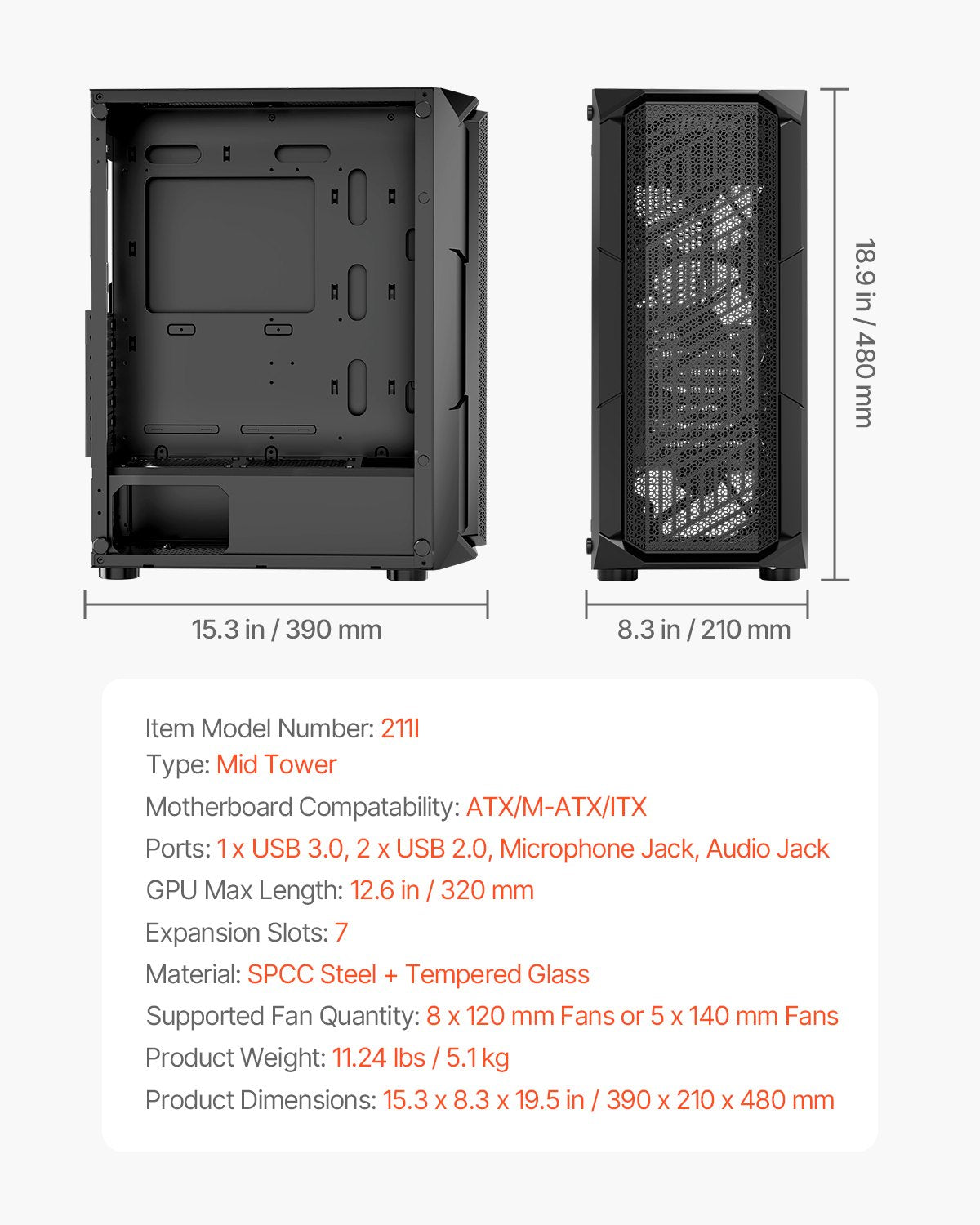 Desktops & Accessories: VEVOR Mid-Tower ATX PC Gaming Case Computer Case Box with 4 x 120 mm ARGB Fans