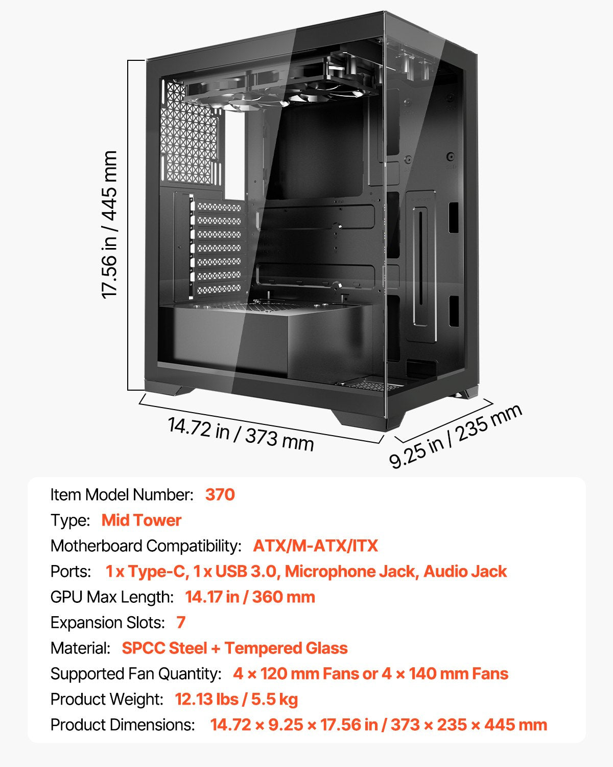 Desktops & Accessories: VEVOR PC Gaming Case Mid-Tower Computer Case with 2 Fans for ATX Motherboard