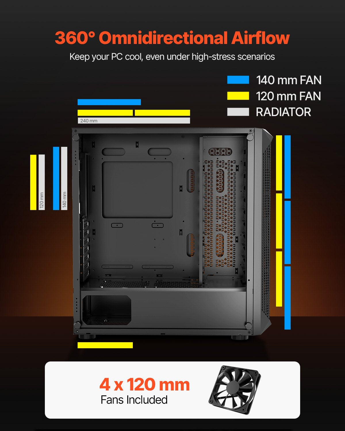 Desktops & Accessories: VEVOR PC Gaming Case, Mid-Tower, Computer Case with High-Airflow Tempered Glass Panel, Dust Filter, 4 x 120 mm Fans, Cable Management, for GPU up to 270 mm in Length, Compatible with ATX/M-ATX/ITX