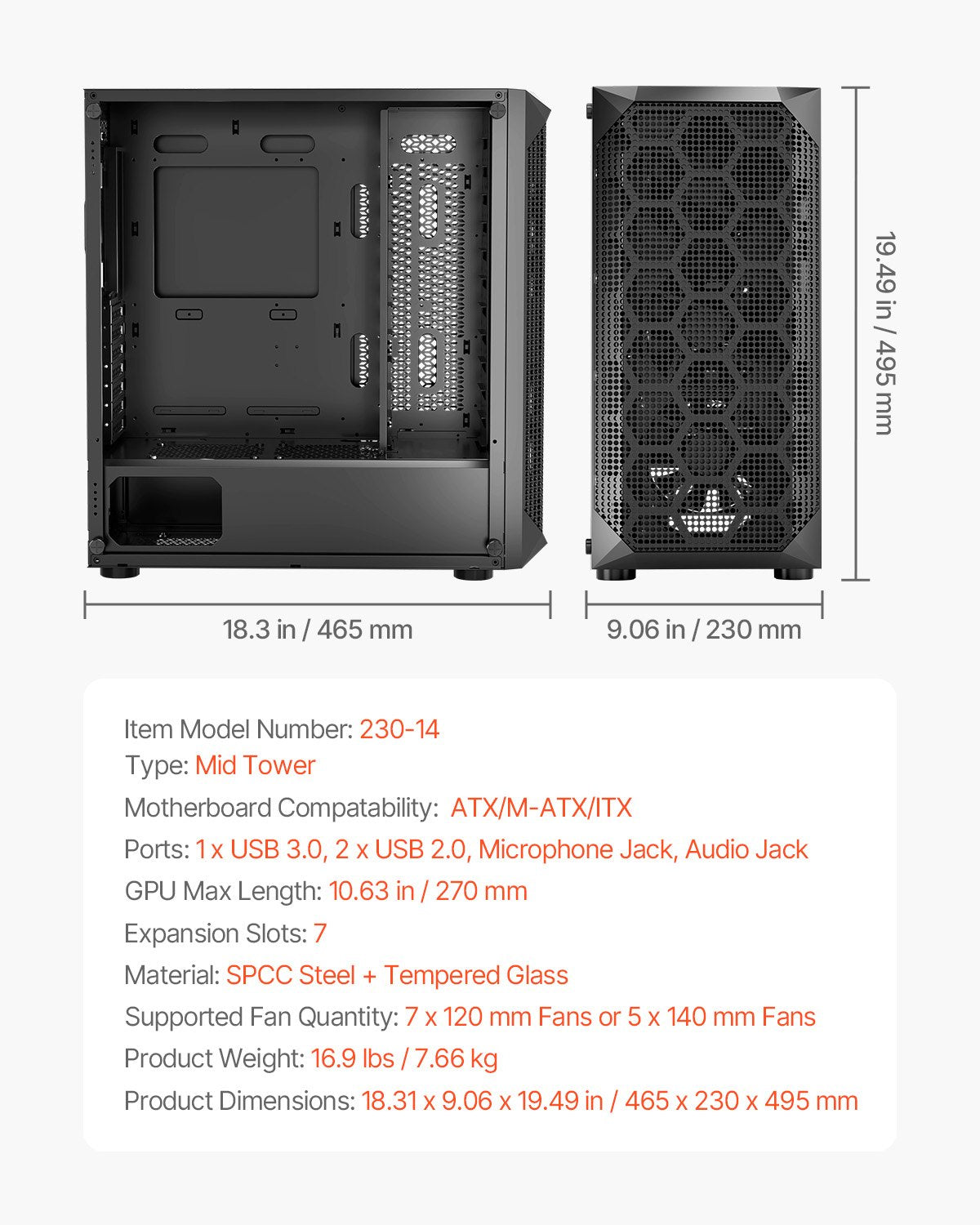 Desktops & Accessories: VEVOR PC Gaming Case, Mid-Tower, Computer Case with High-Airflow Tempered Glass Panel, Dust Filter, 4 x 120 mm Fans, Cable Management, for GPU up to 270 mm in Length, Compatible with ATX/M-ATX/ITX