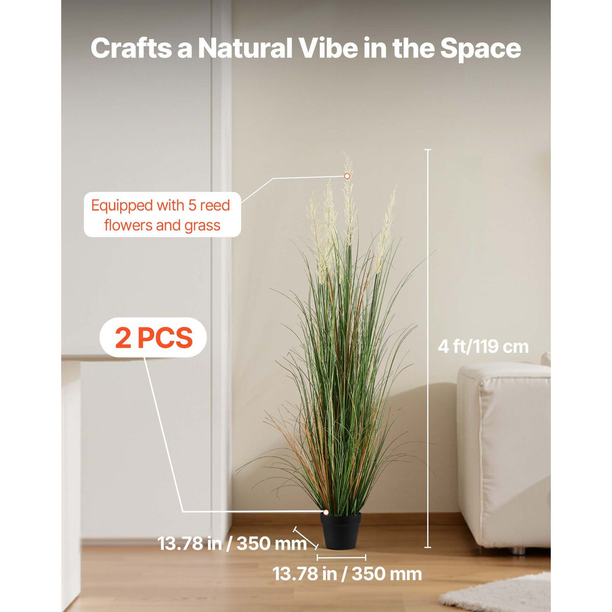 Artificial Grass Plant, 2 Pack 1194mm Reed Flower Grass in Pot, Premium PVC Faux Fake Greenery Shrubs Plant for Indoor Outdoor House Home Garden Office Room Décor, Housewarming, Green