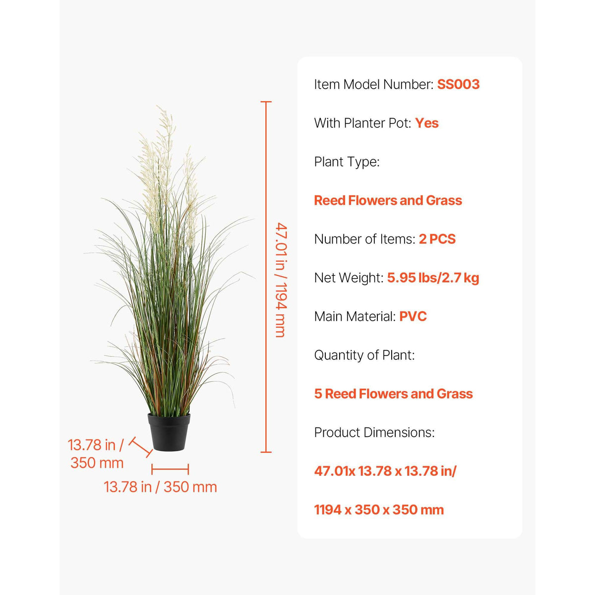 Artificial Grass Plant, 2 Pack 1194mm Reed Flower Grass in Pot, Premium PVC Faux Fake Greenery Shrubs Plant for Indoor Outdoor House Home Garden Office Room Décor, Housewarming, Green