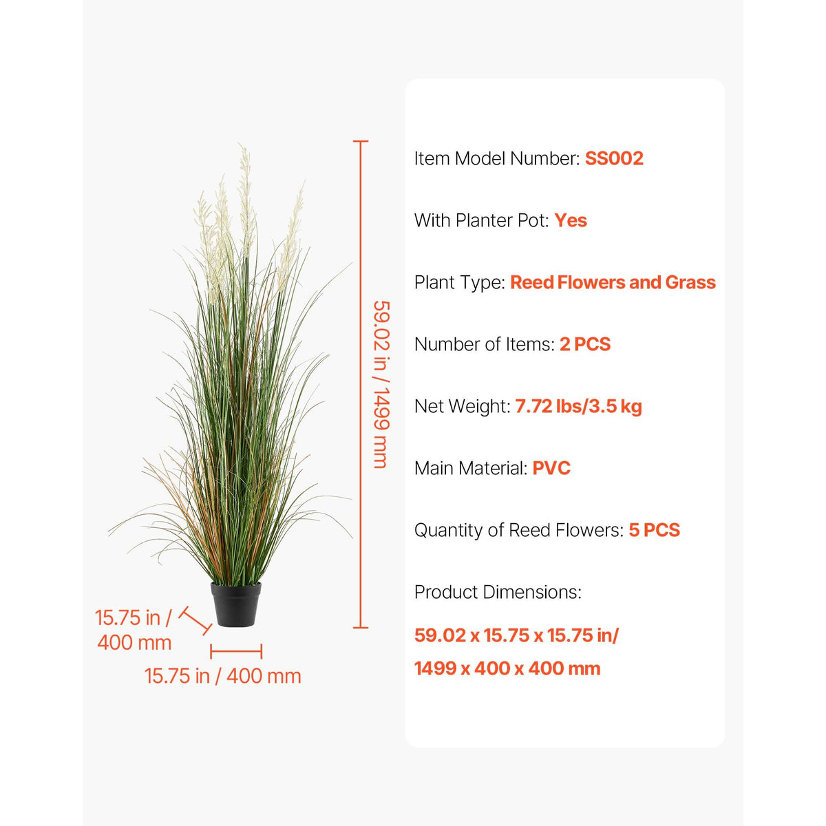 Artificial Grass Plant, 2 Pack 1499mm Faux Reed Flower Grass in Pot, Premium PVC Fake Greenery Shrubs Plant for Indoor Outdoor House Home Garden Office Room Décor, Housewarming, Green