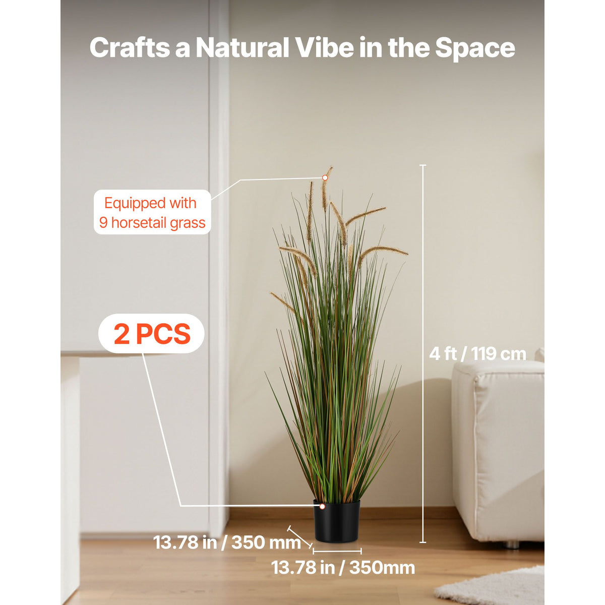 Artificial Grass Plant, 2 Pack 1194mm Horsetail Reed Grass in Pot, Premium PVC Faux Fake Greenery Shrubs Plant for Indoor Outdoor House Home Garden Office Room Décor, Housewarming, Green