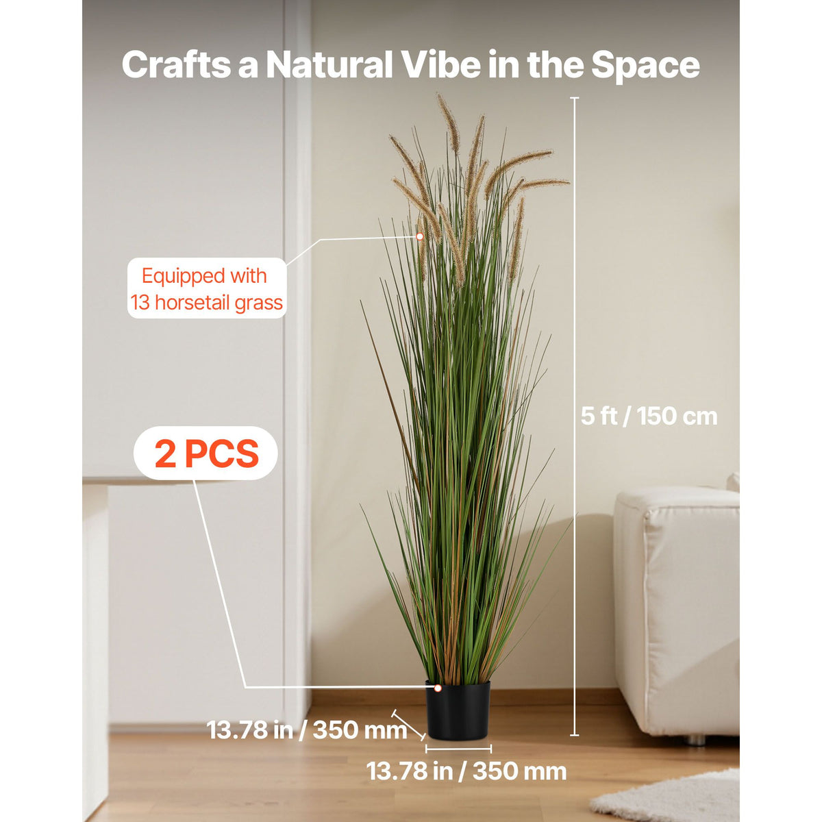 Artificial Grass Plant, 2 Pack 1499mm Horsetail Reed Grass in Pot, Premium PVC Faux Fake Greenery Shrubs Plant for Indoor Outdoor House Home Garden Office Room Décor, Housewarming, Green