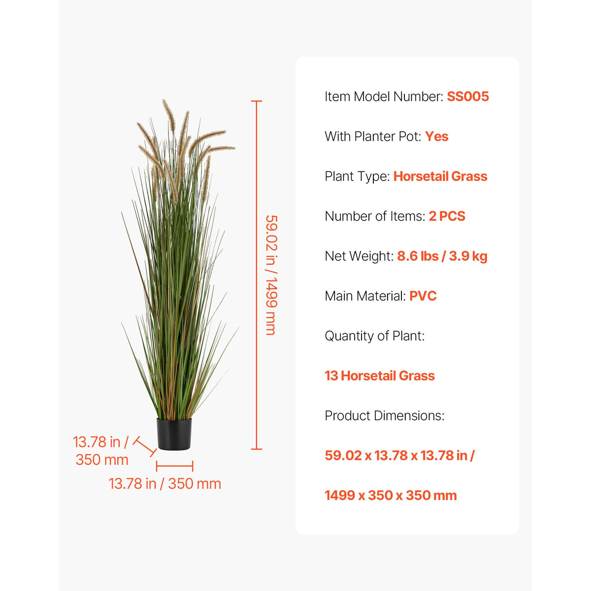 Artificial Grass Plant, 2 Pack 1499mm Horsetail Reed Grass in Pot, Premium PVC Faux Fake Greenery Shrubs Plant for Indoor Outdoor House Home Garden Office Room Décor, Housewarming, Green