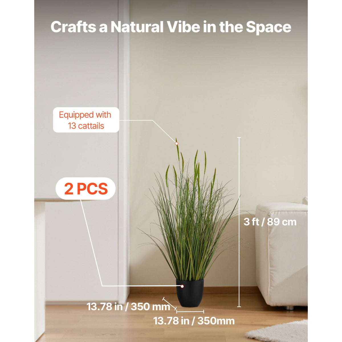 Artificial Grass Plant, 2 Pack 889mm Cattail Grass in Pot, Premium PVC Faux Fake Greenery Shrubs Plant for Indoor Outdoor House Home Garden Office Room Décor, Housewarming, Green