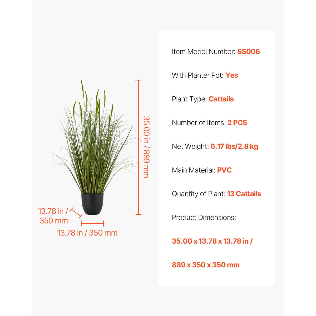 Artificial Grass Plant, 2 Pack 889mm Cattail Grass in Pot, Premium PVC Faux Fake Greenery Shrubs Plant for Indoor Outdoor House Home Garden Office Room Décor, Housewarming, Green