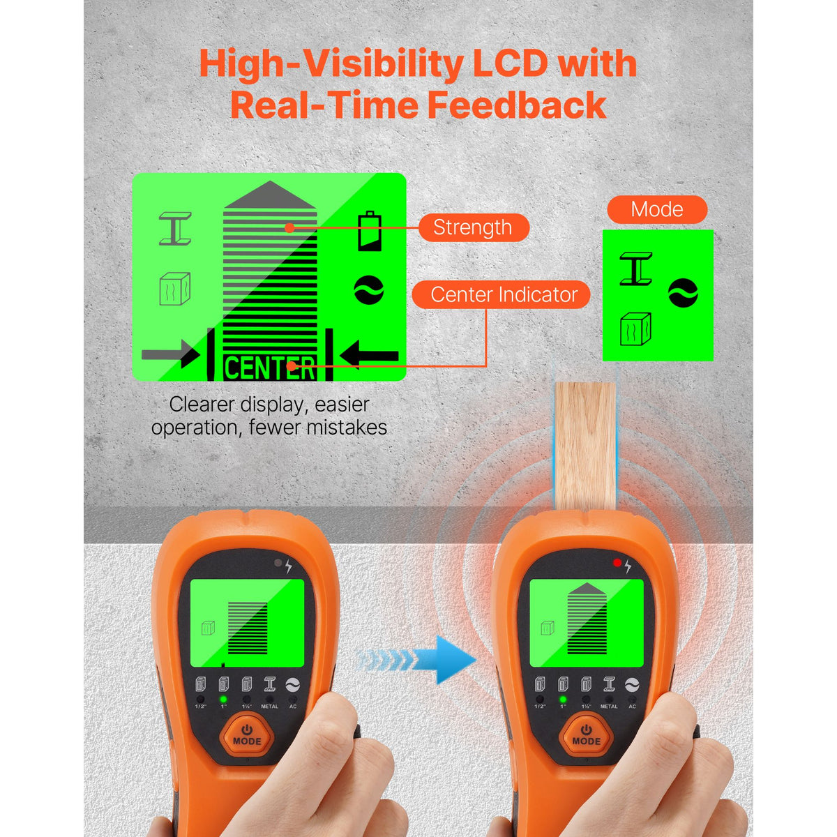 Stud Finder Wall Scanner, 5 in 1, Electronic Wall Stud Detector with Smart Sensor, High-Definition LCD Display and Audio Alarm, for the Center and Edge of Metal, AC Wire, Joists, Pipes, Orange