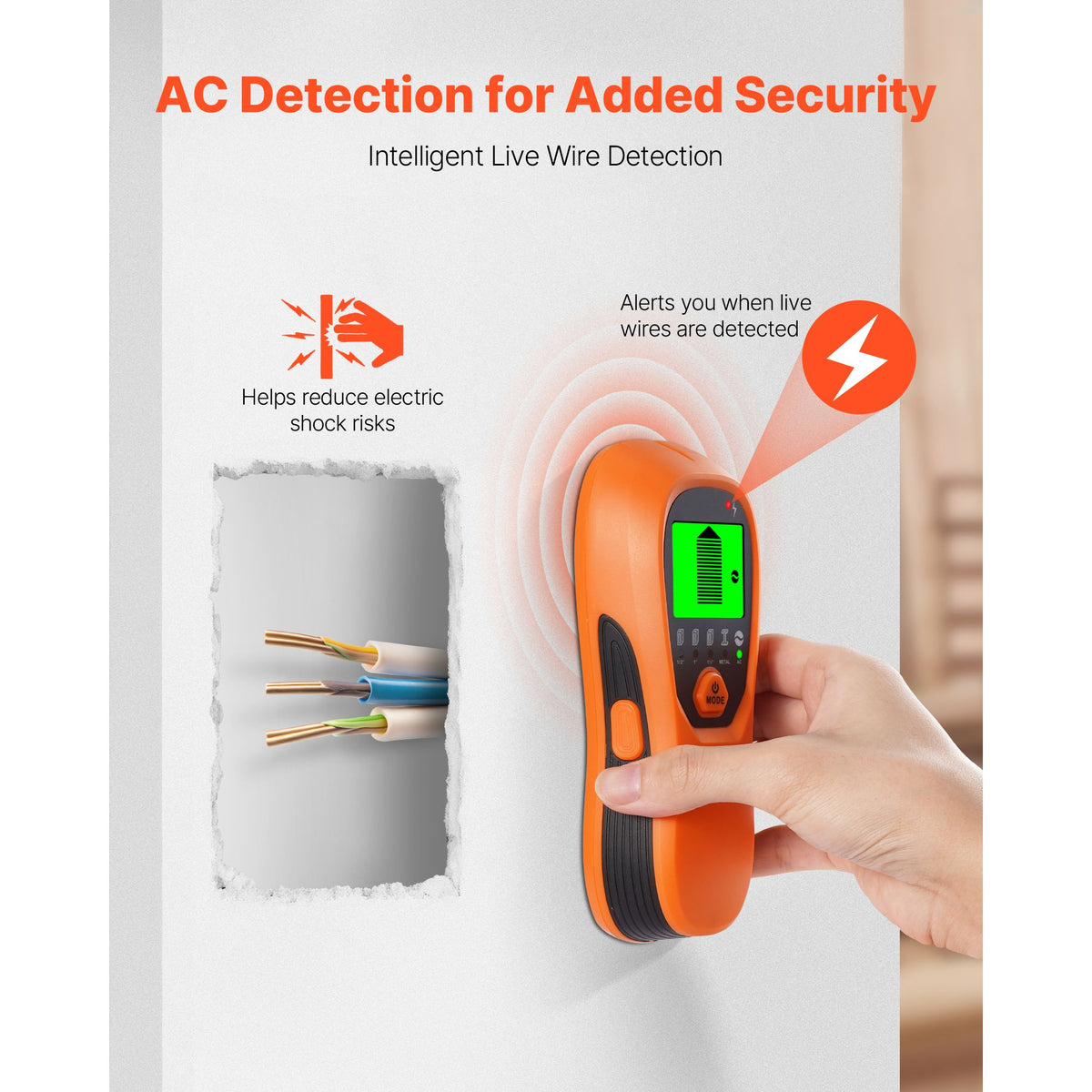 Stud Finder Wall Scanner, 5 in 1, Electronic Wall Stud Detector with Smart Sensor, High-Definition LCD Display and Audio Alarm, for the Center and Edge of Metal, AC Wire, Joists, Pipes, Orange