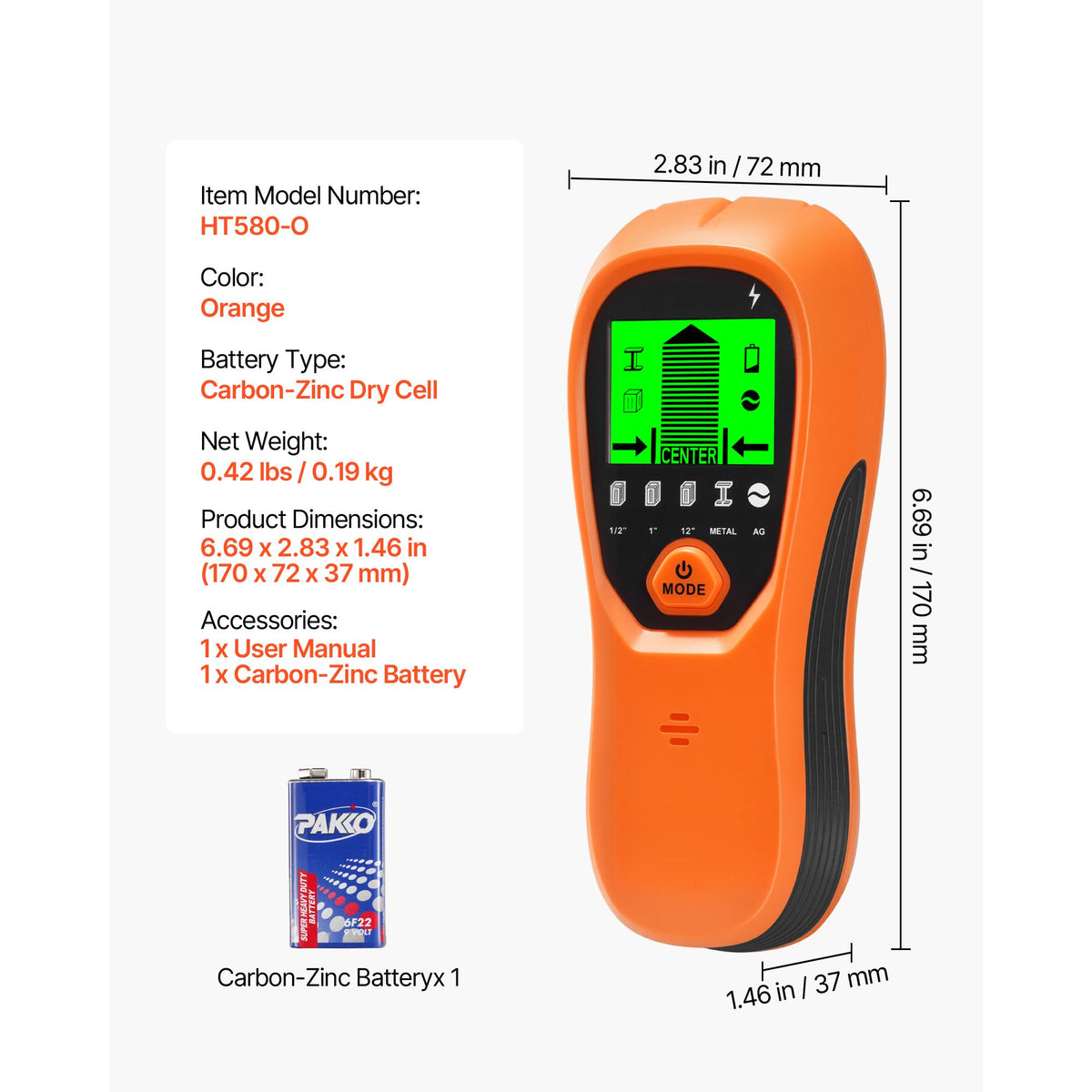 Stud Finder Wall Scanner, 5 in 1, Electronic Wall Stud Detector with Smart Sensor, High-Definition LCD Display and Audio Alarm, for the Center and Edge of Metal, AC Wire, Joists, Pipes, Orange