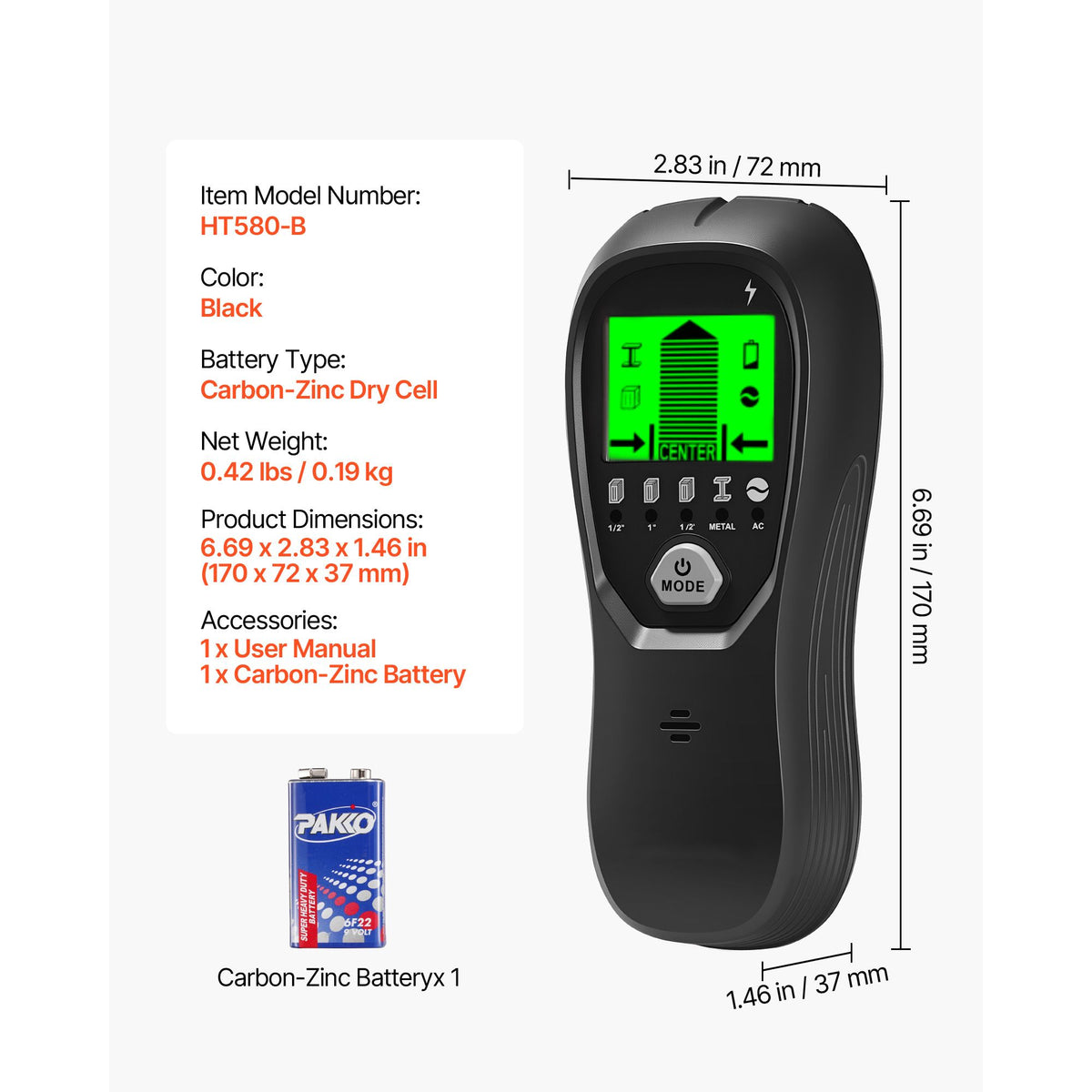 Stud Finder Wall Scanner, 5 in 1, Electronic Wall Stud Detector with Smart Sensor, High-Definition LCD Display and Audio Alarm, for the Center and Edge of Metal, AC Wire, Joists, Pipes, Black