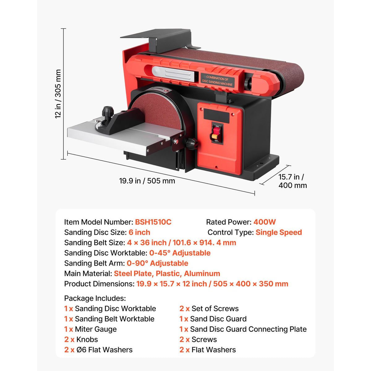 152.4mm Disc Sander & 101.6mm x 914.4mm Belt Sander, 400W Professional Belt Disc Sanders Combo with 0 - 45° Adjustable Worktable, Dust Collection Port for Woodworking & DIY Crafting