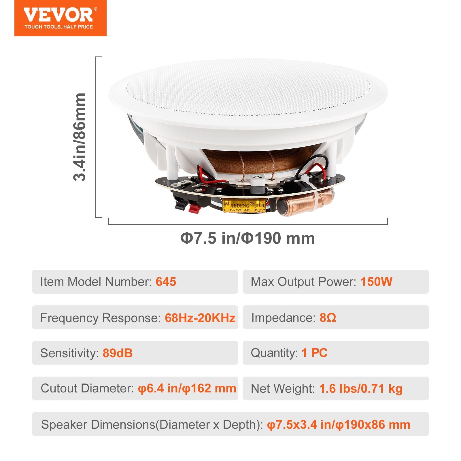 Mouse & Accessories: VEVOR 165.1 mm in Ceiling Speakers, 150-Watts, Flush Mount Ceiling & in-Wall Speakers System with 8ΩImpedance 89dB Sensitivity, for Home Kitchen Living Room Bedroom or Covered Outdoor Porches, Single