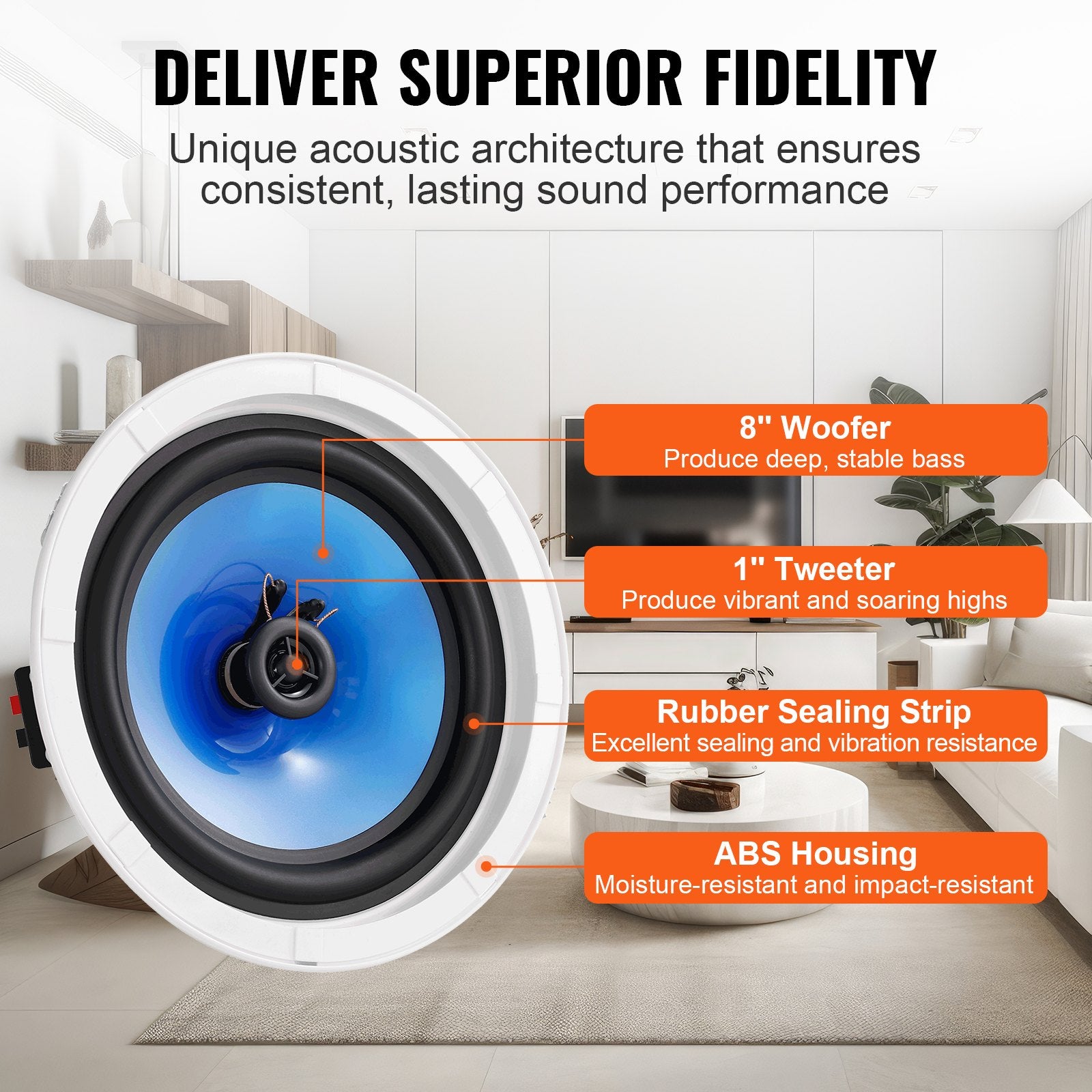 Audio Speakers: VEVOR 2 PCs 203.2 mm in Ceiling Speakers, 50-Watts, Flush Mount Ceiling & in-Wall Speakers System with Impedance 89dB Sensitivity, for Home Kitchen Living Room Bedroom or Covered Outdoor Porches