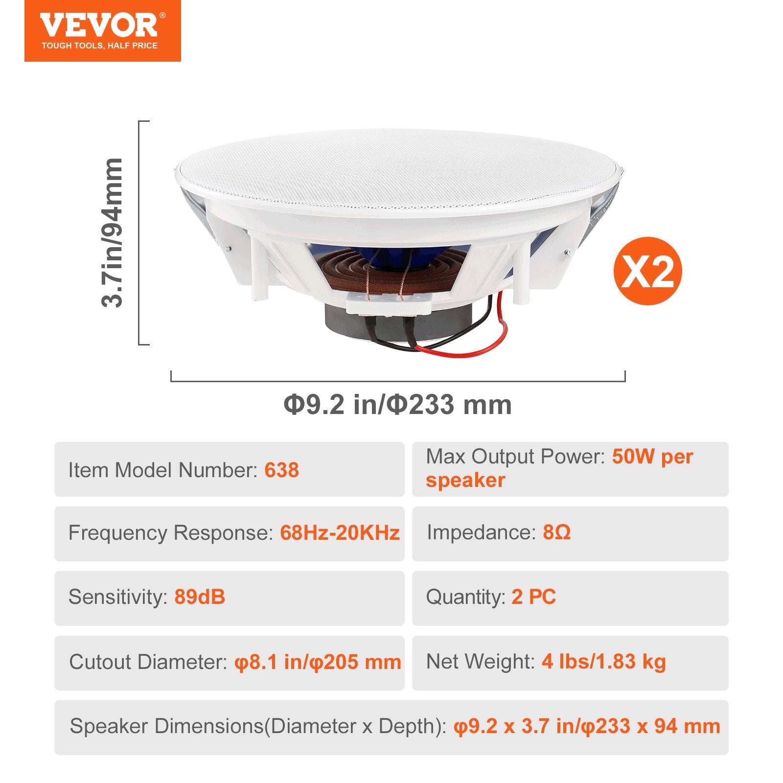 Audio Speakers: VEVOR 2 PCs 203.2 mm in Ceiling Speakers, 50-Watts, Flush Mount Ceiling & in-Wall Speakers System with Impedance 89dB Sensitivity, for Home Kitchen Living Room Bedroom or Covered Outdoor Porches