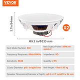 Audio Speakers: VEVOR 2 PCs 203.2 mm in Ceiling Speakers, 50-Watts, Flush Mount Ceiling & in-Wall Speakers System with Impedance 89dB Sensitivity, for Home Kitchen Living Room Bedroom or Covered Outdoor Porches