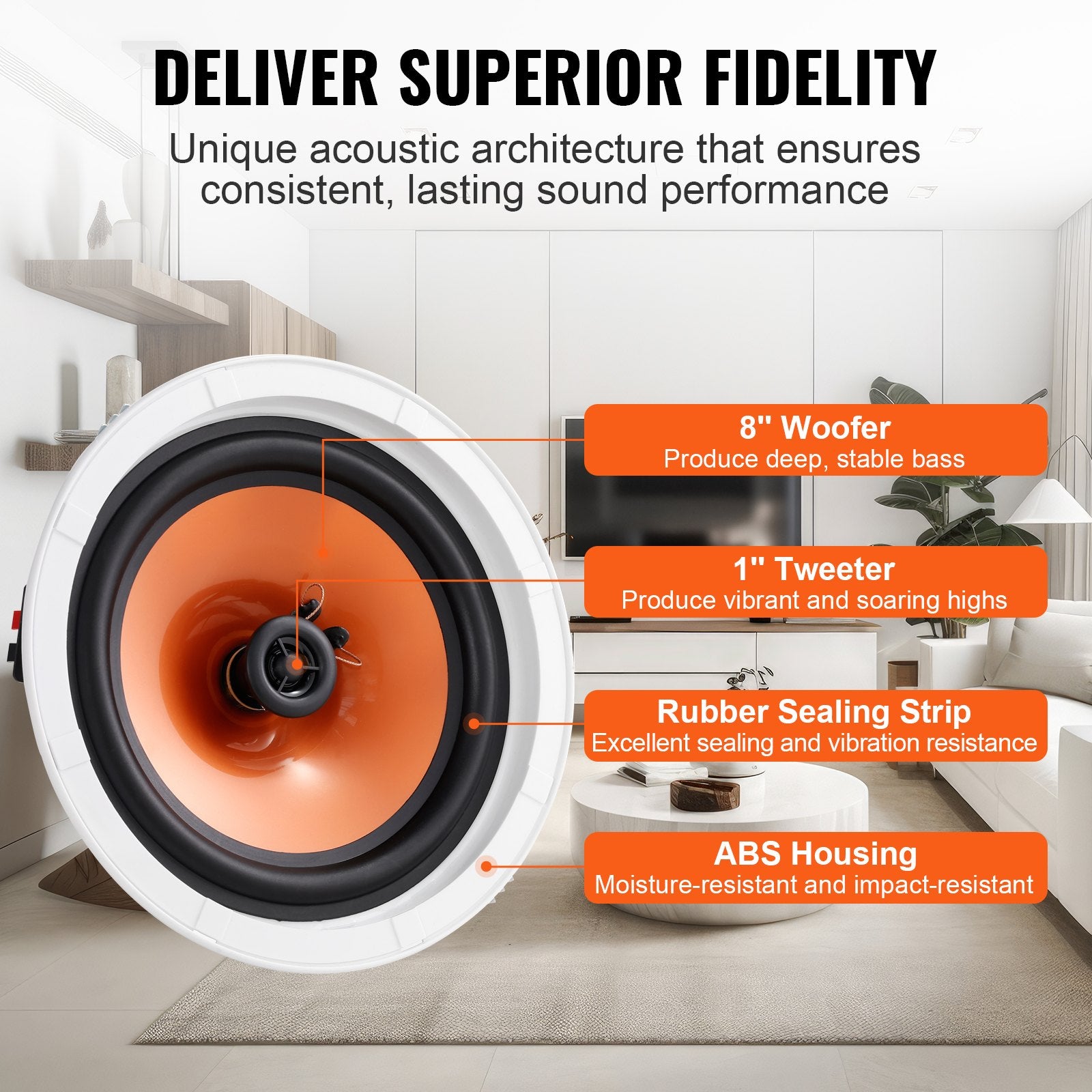 Audio Speakers: VEVOR 4 PCs 203.2 mm in Ceiling Speakers, 100-Watts, Flush Mount Ceiling & in-Wall Speakers System with 8ΩImpedance 89dB Sensitivity, for Home Kitchen Living Room Bedroom or Covered Outdoor Porches