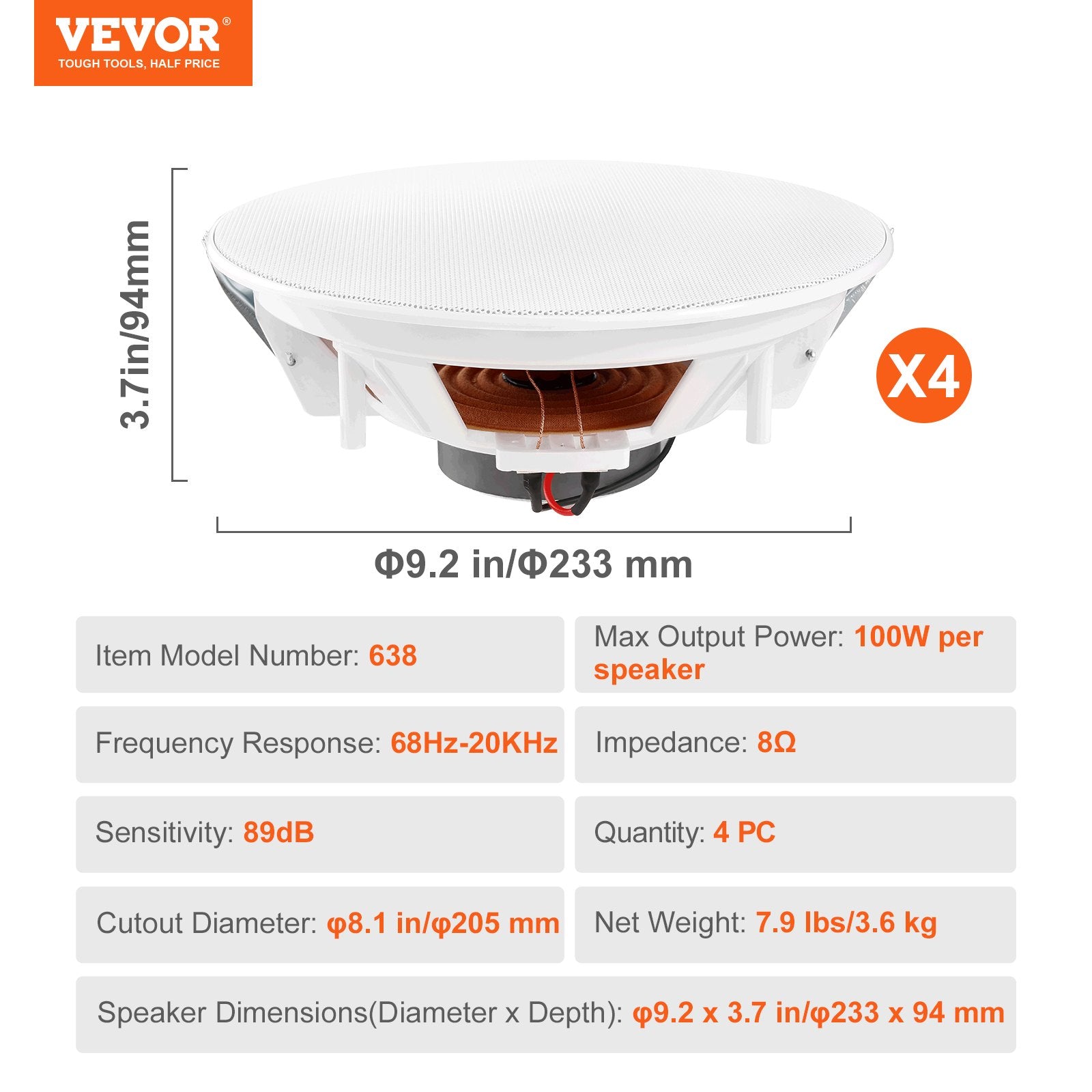 Audio Speakers: VEVOR 4 PCs 203.2 mm in Ceiling Speakers, 100-Watts, Flush Mount Ceiling & in-Wall Speakers System with 8ΩImpedance 89dB Sensitivity, for Home Kitchen Living Room Bedroom or Covered Outdoor Porches